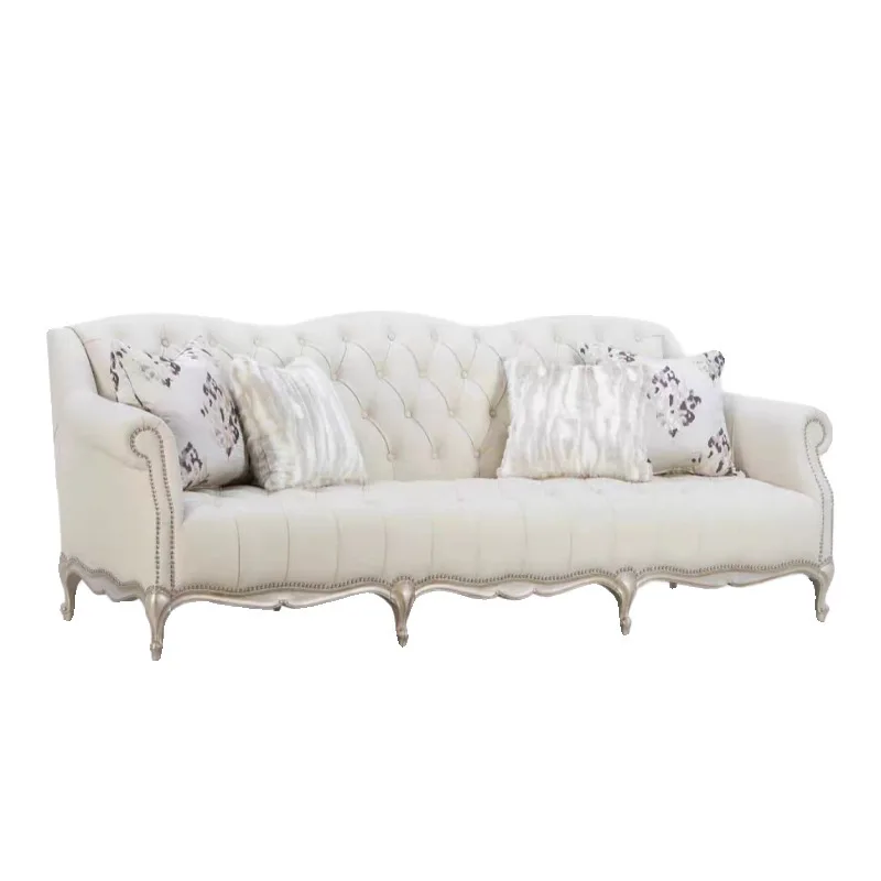 

Nordic retro solid wood leather sofa, French retro carved living room trio pull-up sofa