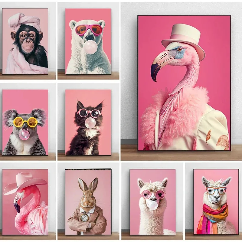 Pink Funny Cute Animal Bubble Party Disco Posters Kitten Llama Koala Prints Canvas Printing Wall Art Picture for Room Home 