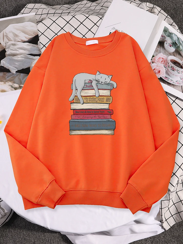 Women Sweatshirt Cat Sleeping On The Book Cartoon Print Pullover Females Casual Oversize Clothe Fleece Warm Loosewomen\'S Sweater