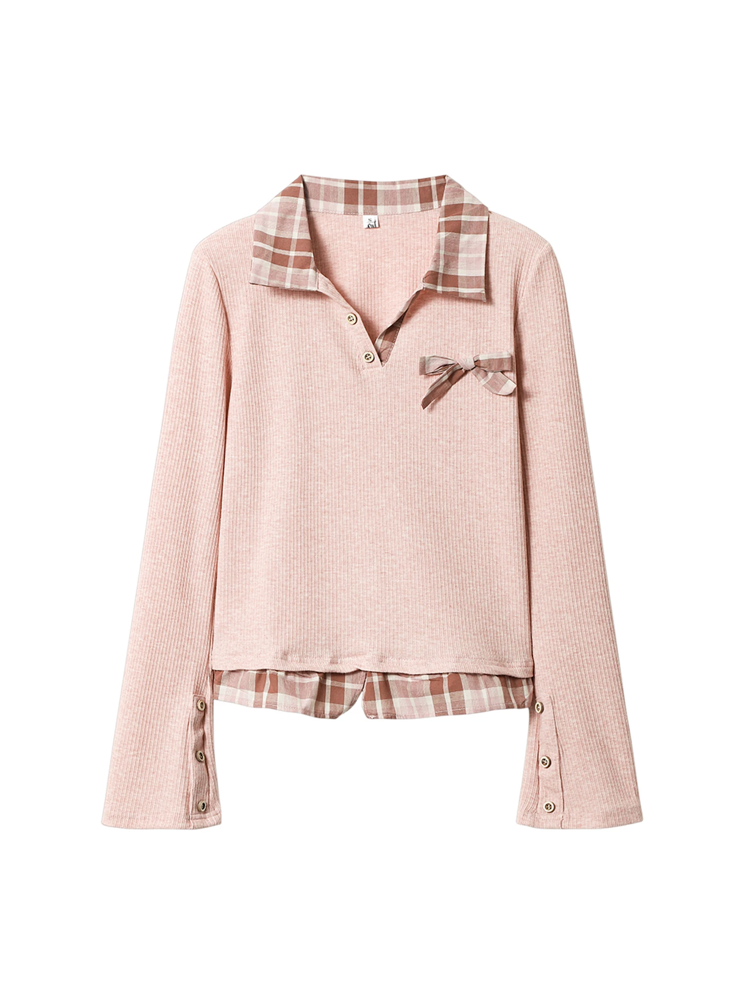 

Women Pink T-shirt Y2k Gyaru Tee Top 2000s Vintage Aesthetic Long Sleeve Patchwork Plaid Polo-Neck T-shirt Clothes Spring Autumn