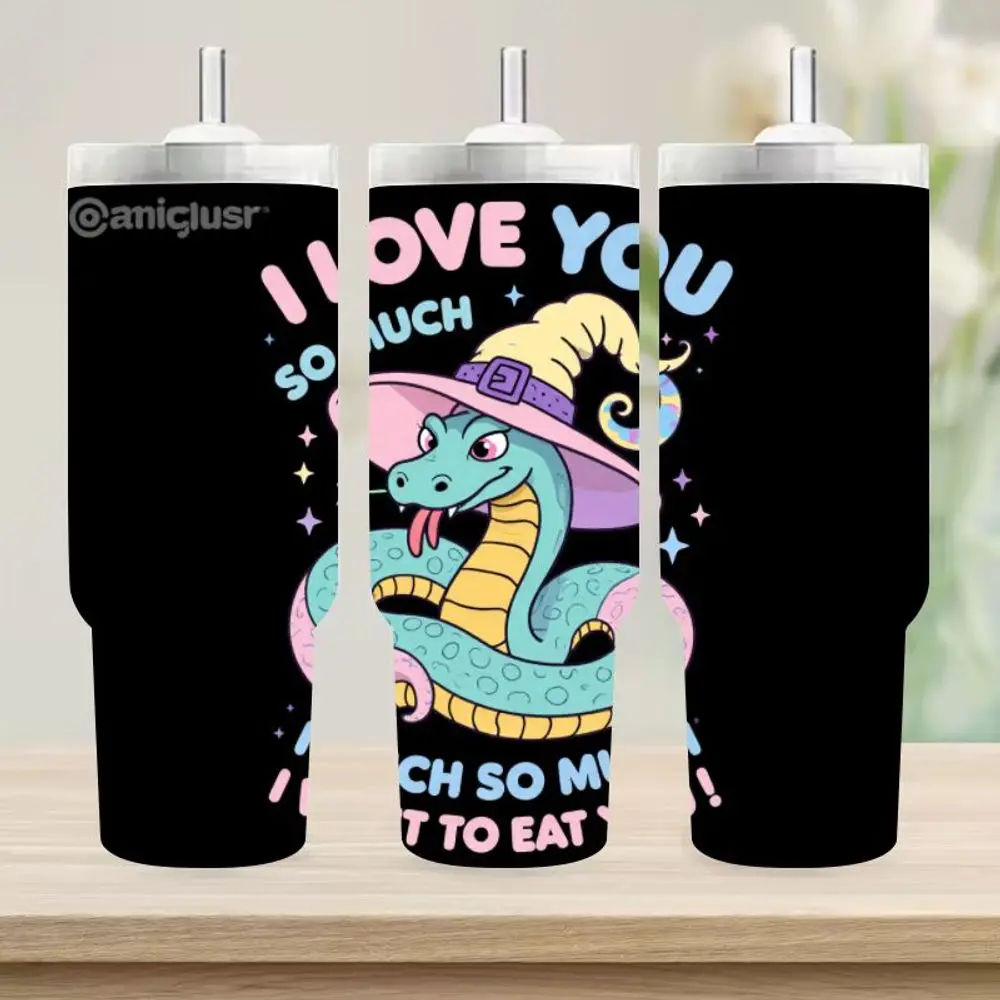 

1PC 40oz Cartoon Snake 'I LOVE YOU' Coffee Mug, Insulated Travel Mug, Double-Wall Car Mug, Colorful Witch Hat Snake Gift for Men
