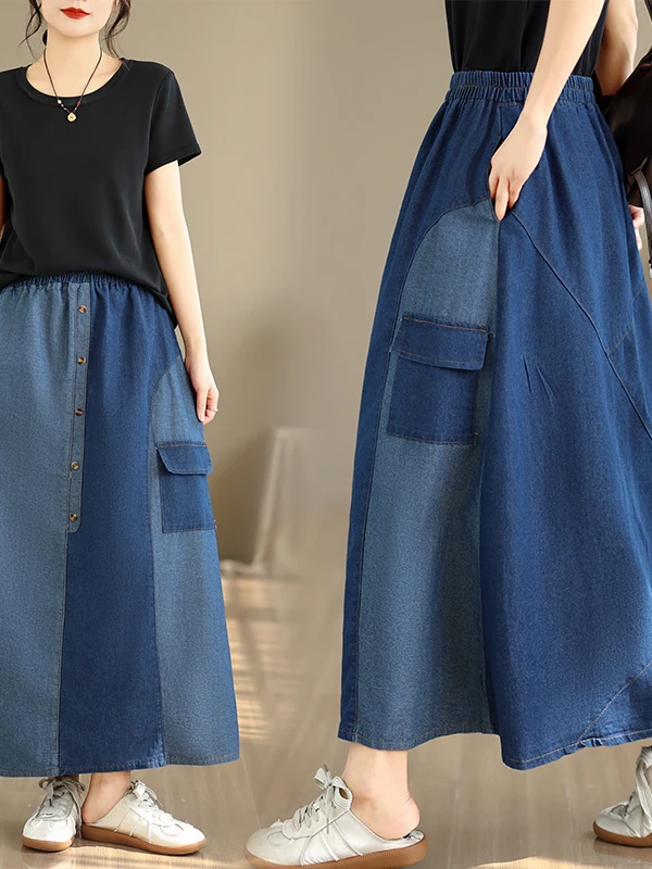 

Loose Casual Denim Skirt Women's plus Size High Waist A-Line Midi Skirt Patchwork Vintage Artistic Japanese Style