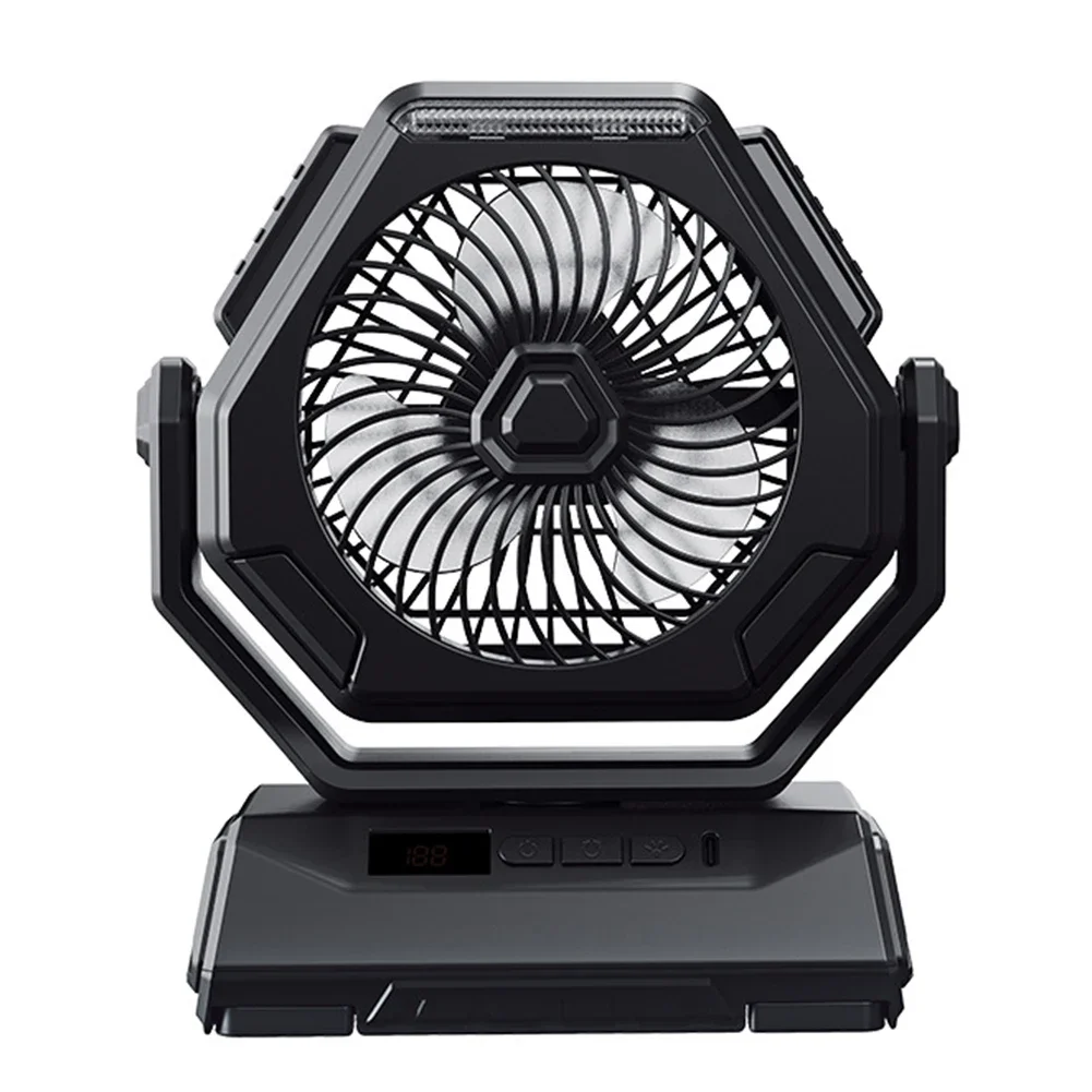 

Camping Companion Rechargeable Fan with 6000mAh Battery AutoSwing Functionality and Customizable Lighting Modes