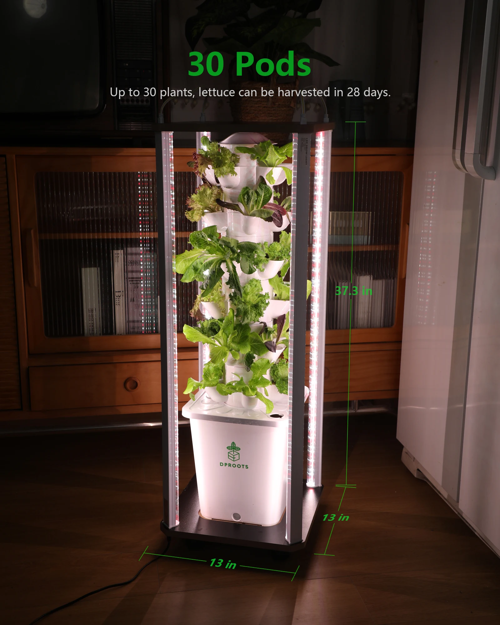 DPROOTS 30 Pods Vertical Hydroponic Tower Growing System for Garden Indoor Led Grow Light Vegetables Smart Movable Planting Kit