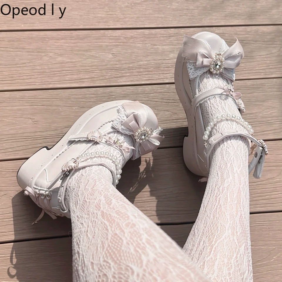 

New Original Japanese Mine Series Shallow Single Shoes Women Sweet Heavy Pearl Lace Bow Elegant Lolita Princess Platform Shoes