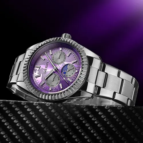 Imagen 2 del producto Reloj de cuarzo MEGIR para hombre con correa de acero inoxidable Reloj de pulsera de estilo empresarial de moda con fecha de día Función de fase lunar de 24 horas