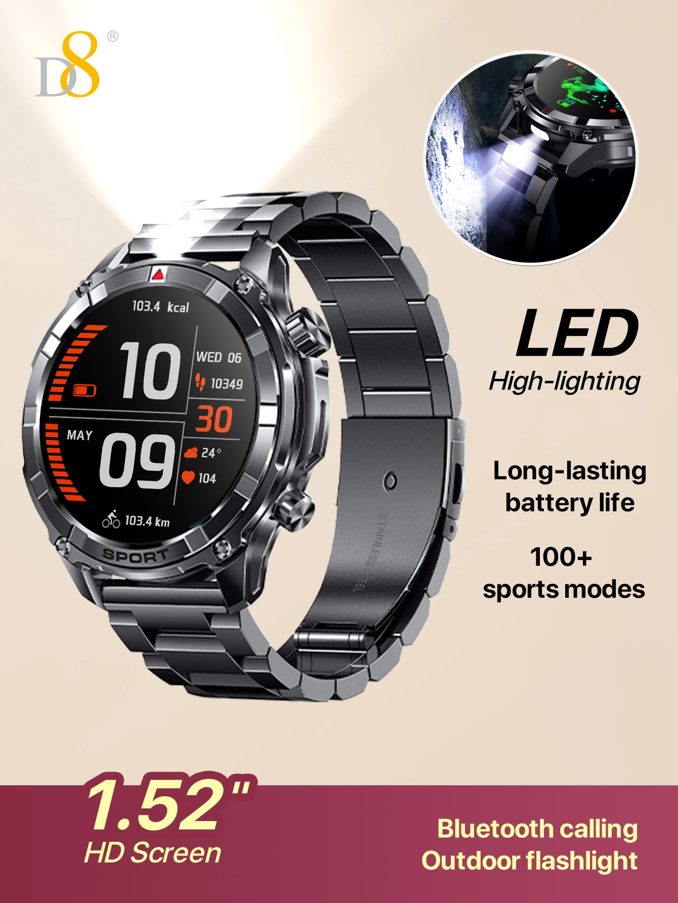 

D8 adult smartwatch for making and receiving calls, 1.52"AMOLED 360*360 display, 100+ sports mode LED lights, worry-free at nigh