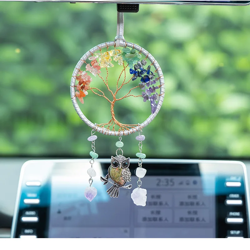 

Crystal Owl Tree of Life Sun Catcher Hanging Car Ornament Natural Gem Stones Amethyst White Suncatcher Home Room Decoration Gift