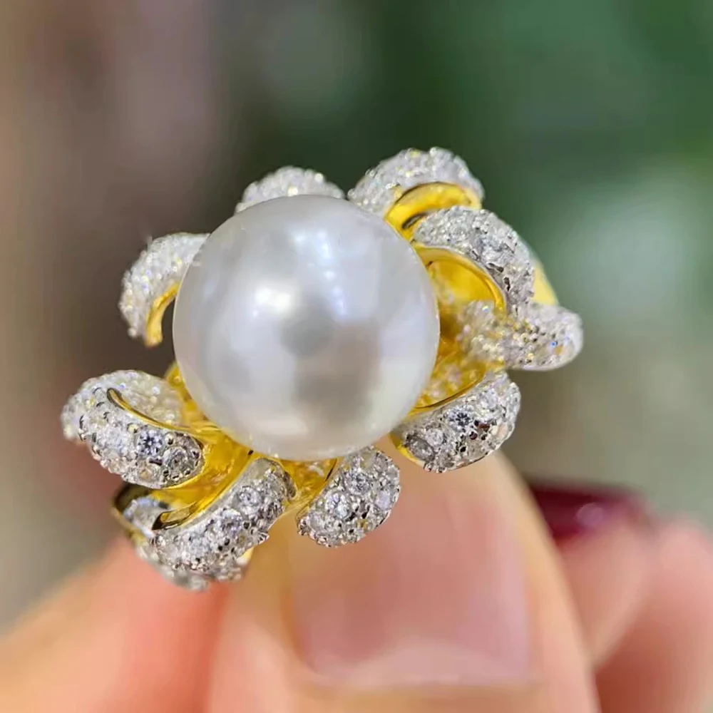 MeiBaPJ 11-12mm Natural Round Pearl Fashion Flower Ring Real 925 Sterling Silver Fine Wedding Jewelry For Women