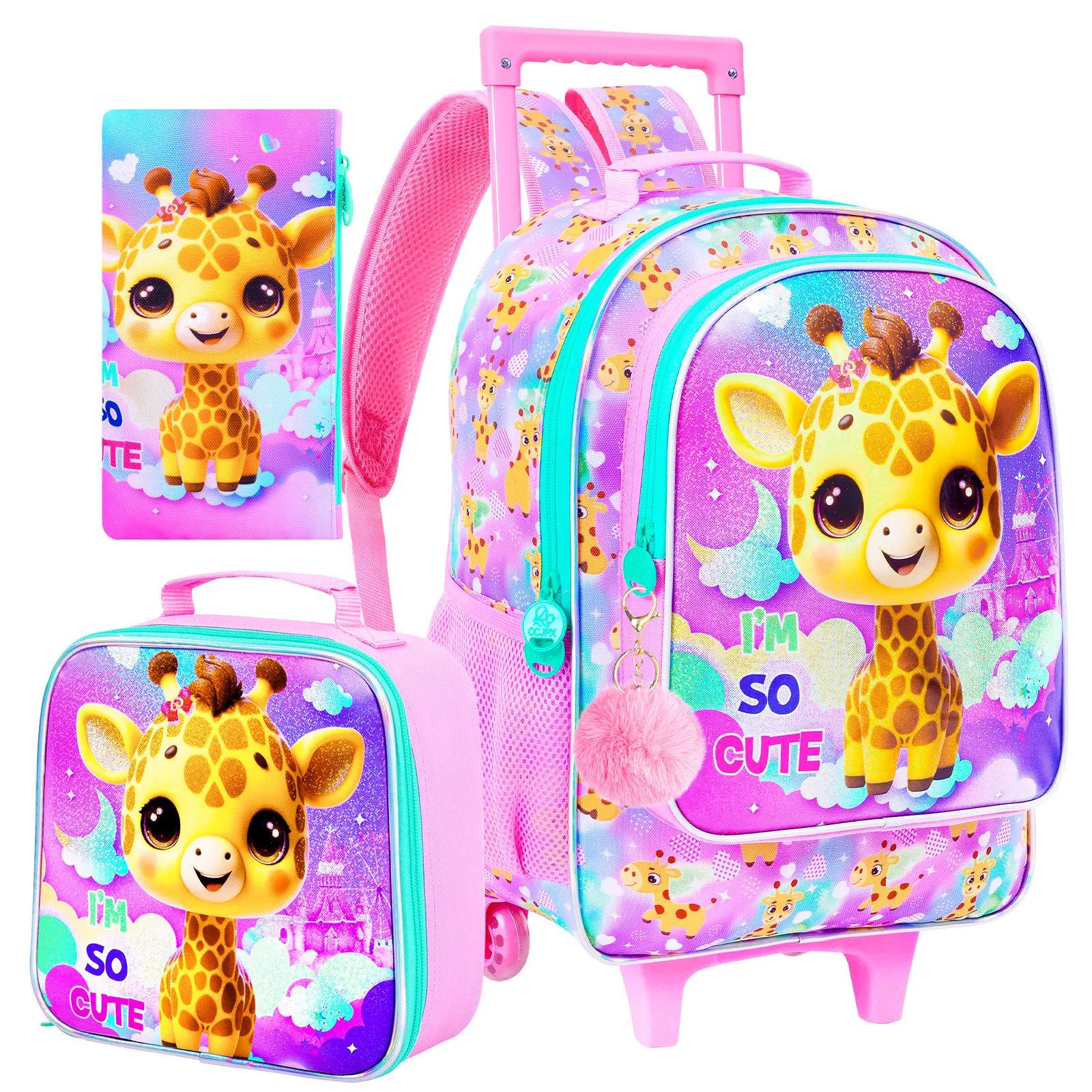 

3Pcs Rolling Backpack for Girls, Kids Roller School Backpack with Wheels, Fox Wheeled Bookbag for Elementary Preschool Kindergar