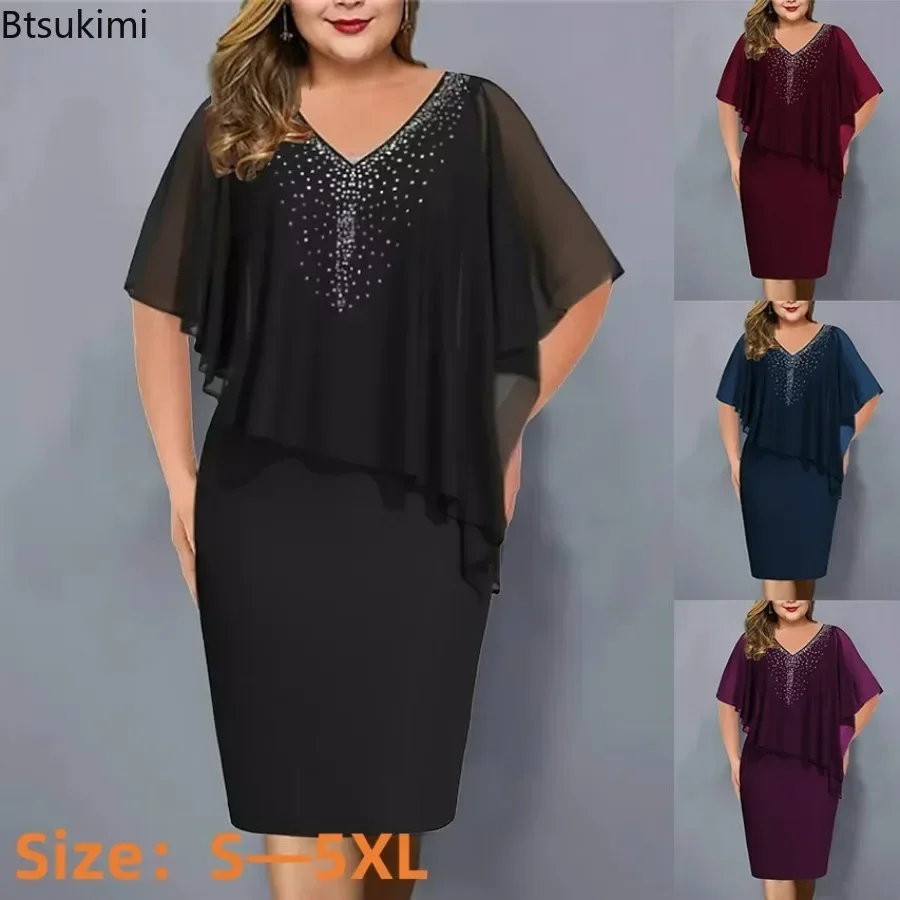 

2025 Women's Oversized Short Sleeve Dress Solid V Neck Ruffle Hem Midi Dress Elegant Bridesmaid Cocktail Party Dress Female 5XL