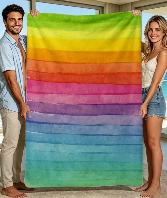 Rainbow Watercolor Print Flannel Throw Blanket Soft Bed Sofa Office Camping Blanket, Digital All-Season Cozy Mid-Century Decor