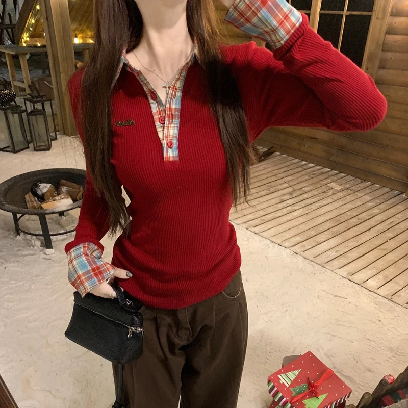 Polo Collar Checkered Long Sleeved Layered T-shirt For Women's Fake Two-piece Basic V-neck Button Up Shirt Embroidered T-shirt