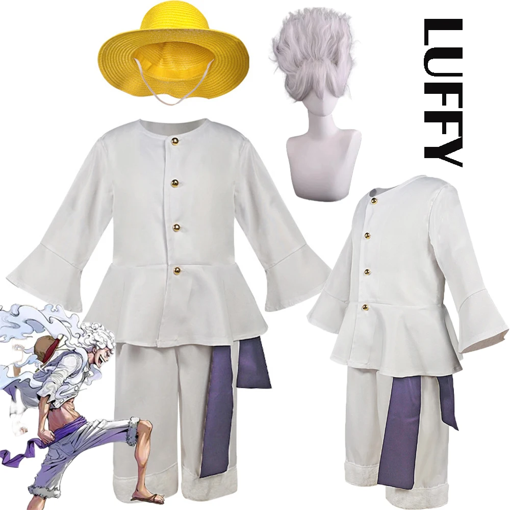 Image of Luffy Cosplay Gear 5 Anime Monkey D. Luffy Cosplay Kostüm Strohhut Perücke Land Sonnengott Nika Form Weiße Anzüge Halloween-Kostüme