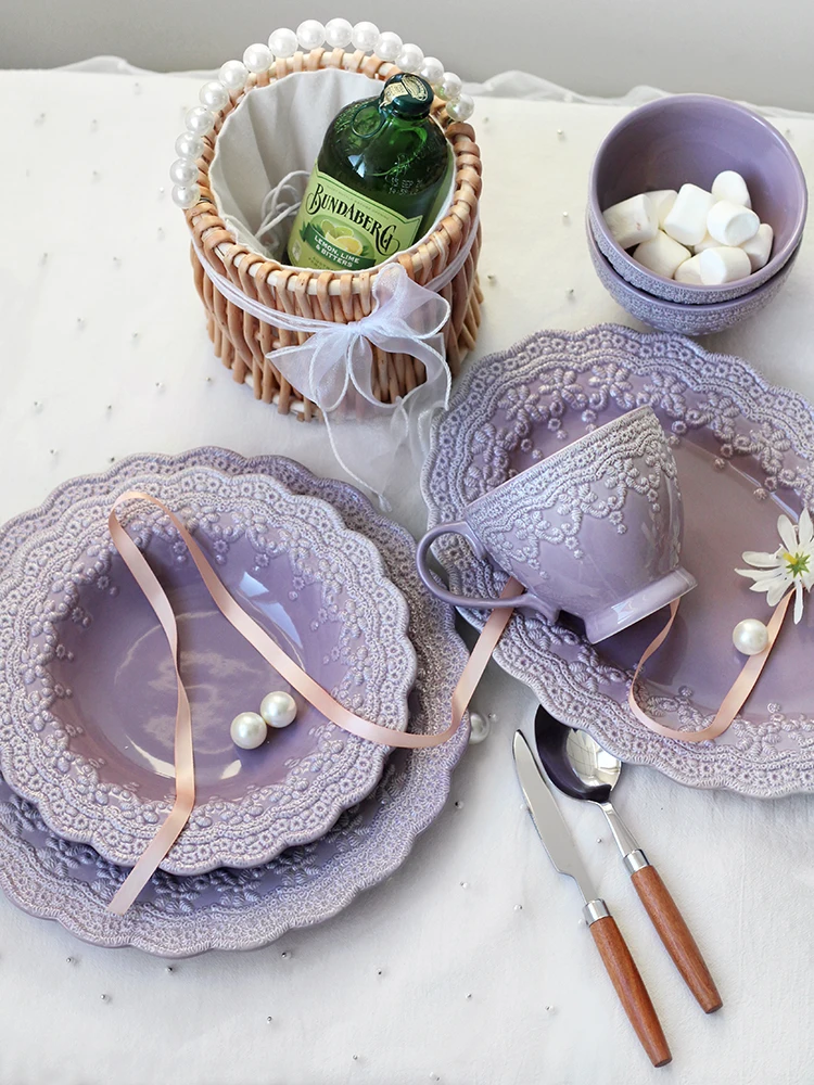 

Princ Purple Emed Plate Large Size Rice Bowl Mug Dinnerware Set Korean Sle Floral Porcelain Diwaer Se