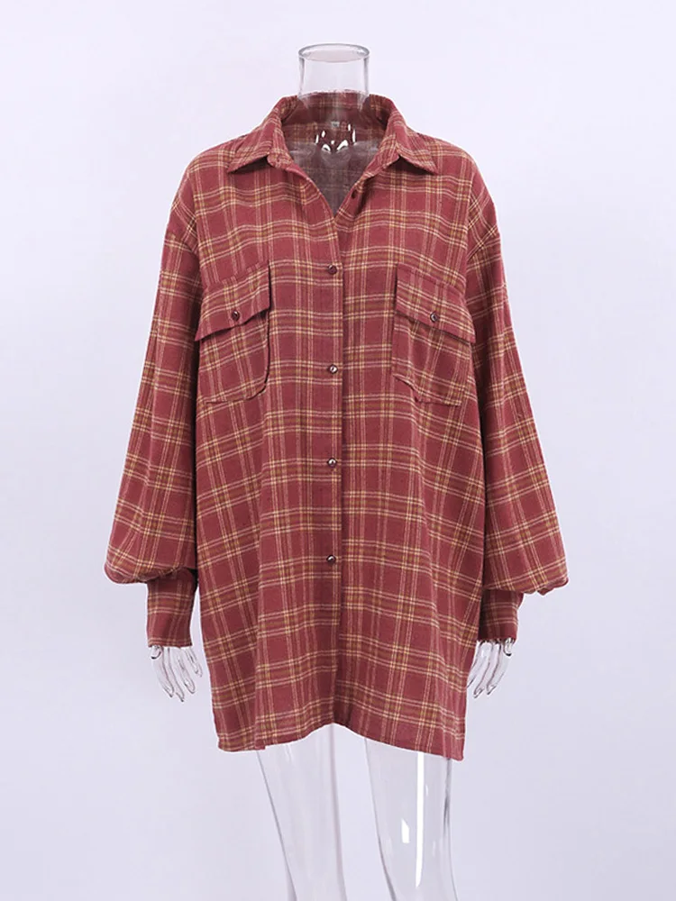 2022 Autumn Winter Women Vintage Thick Long Sleeve Ladies Tops Loose Fit Oversized Plaid Blouse Shirt For Women