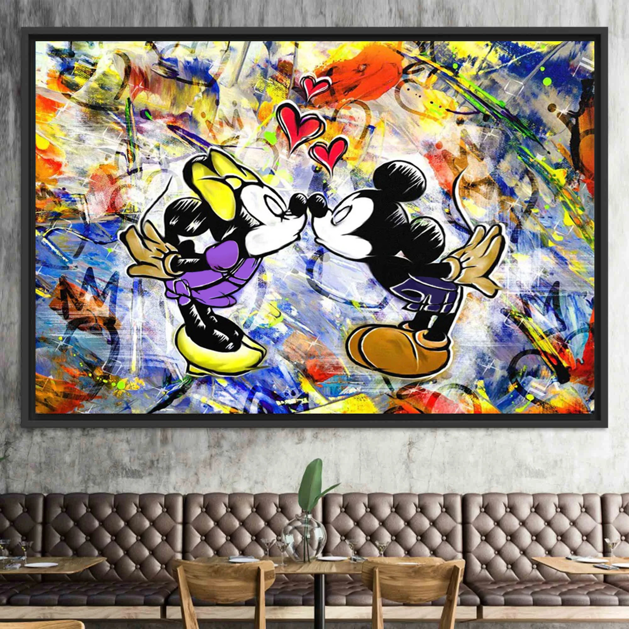 

Disney Mickey Mouse Pop Art Mural Minnie and Mickey Graffiti Love Kiss Canvas Painting Print Art Poster Home Decor Couple Gift