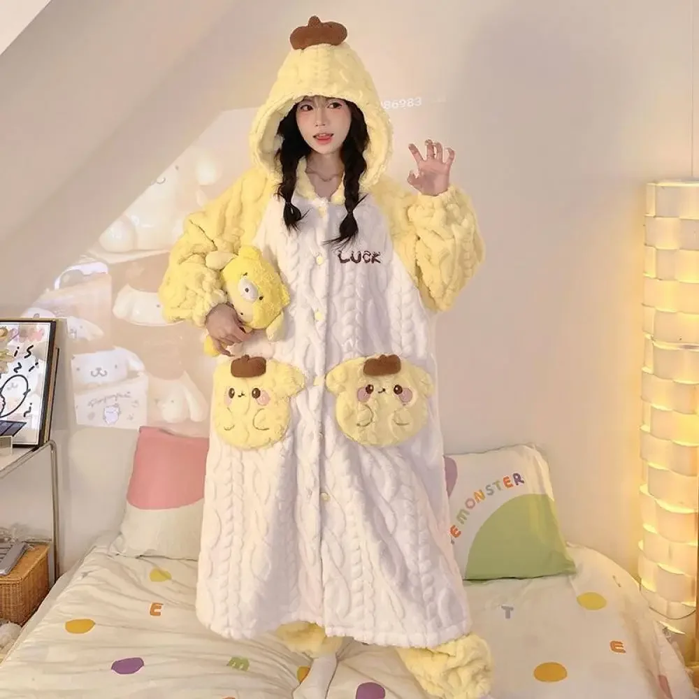 Kawaii Chiikawa 2Pcs Women Plush Pajamas Suit Cartoon Cute Anime Kawaii Winter Warm Loungewear Thicken Girls Cute Homewear