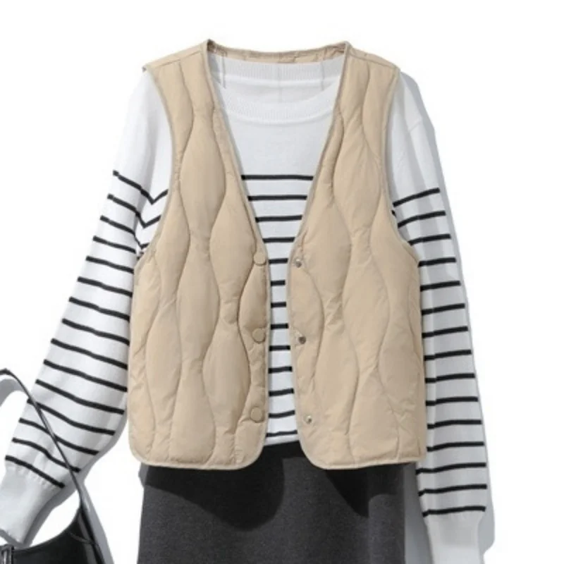 

Women V Neck Down Waistcoat Jacket Autumn Winter Ultra Light White Duck Down Vest Coat Female Warm Sleeveless Short Tank Parkas