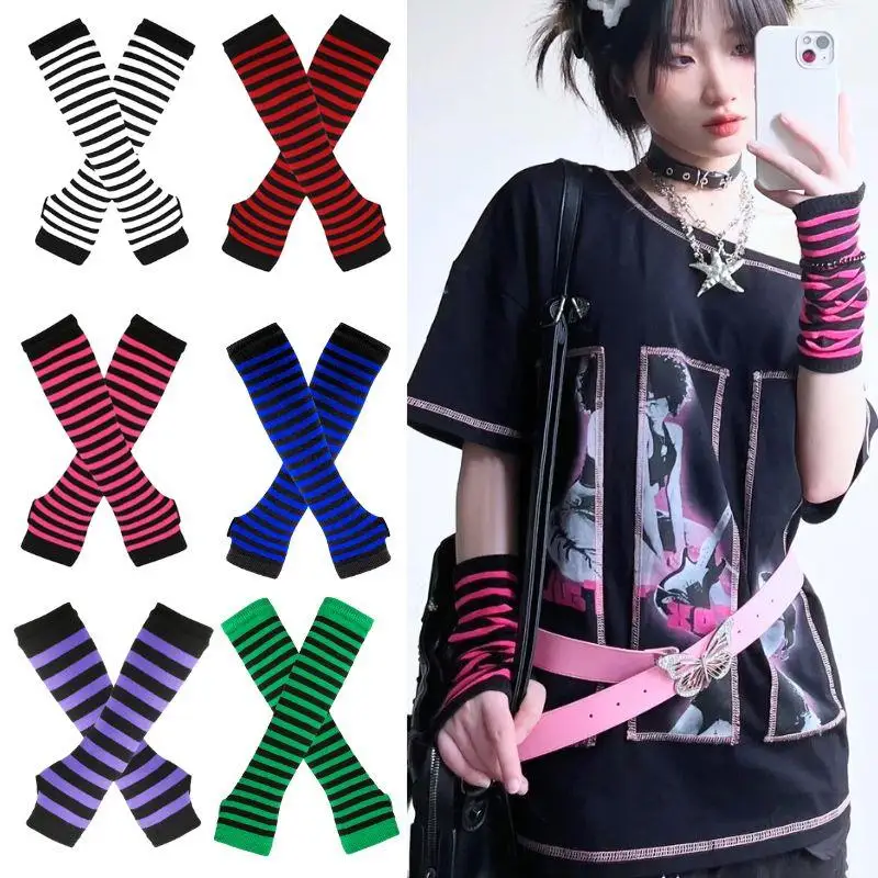 

Hot Striped Half Finger Gloves Long Women Girls Arm Sleeve Gloves Warmer Christmas Halloween Elbow Mittens Knitted Wristband
