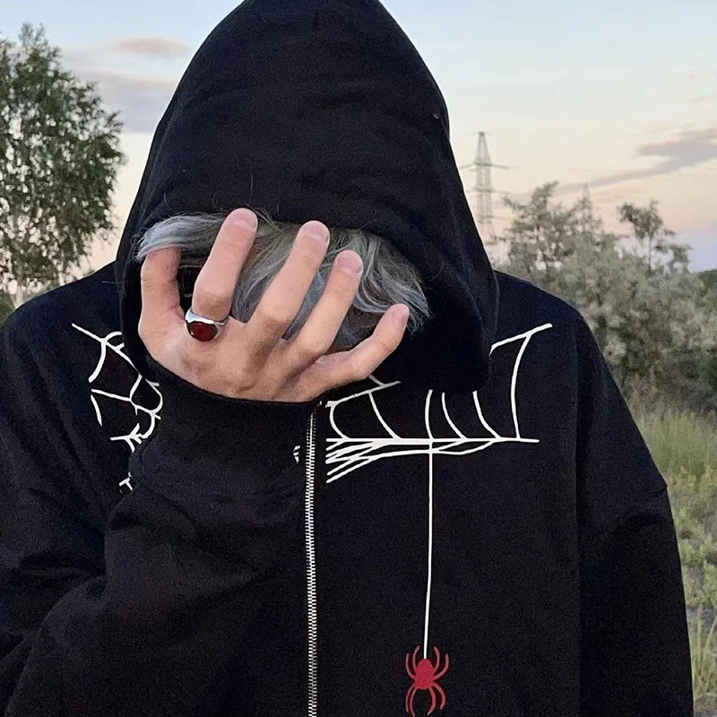 

Hip Hop Retro Black Sweatshirt Hoodies Couple Goth Punk Y2k Zip Up Hooded Men Women Long Sleeve Spider Web Graphic Loose Jacket