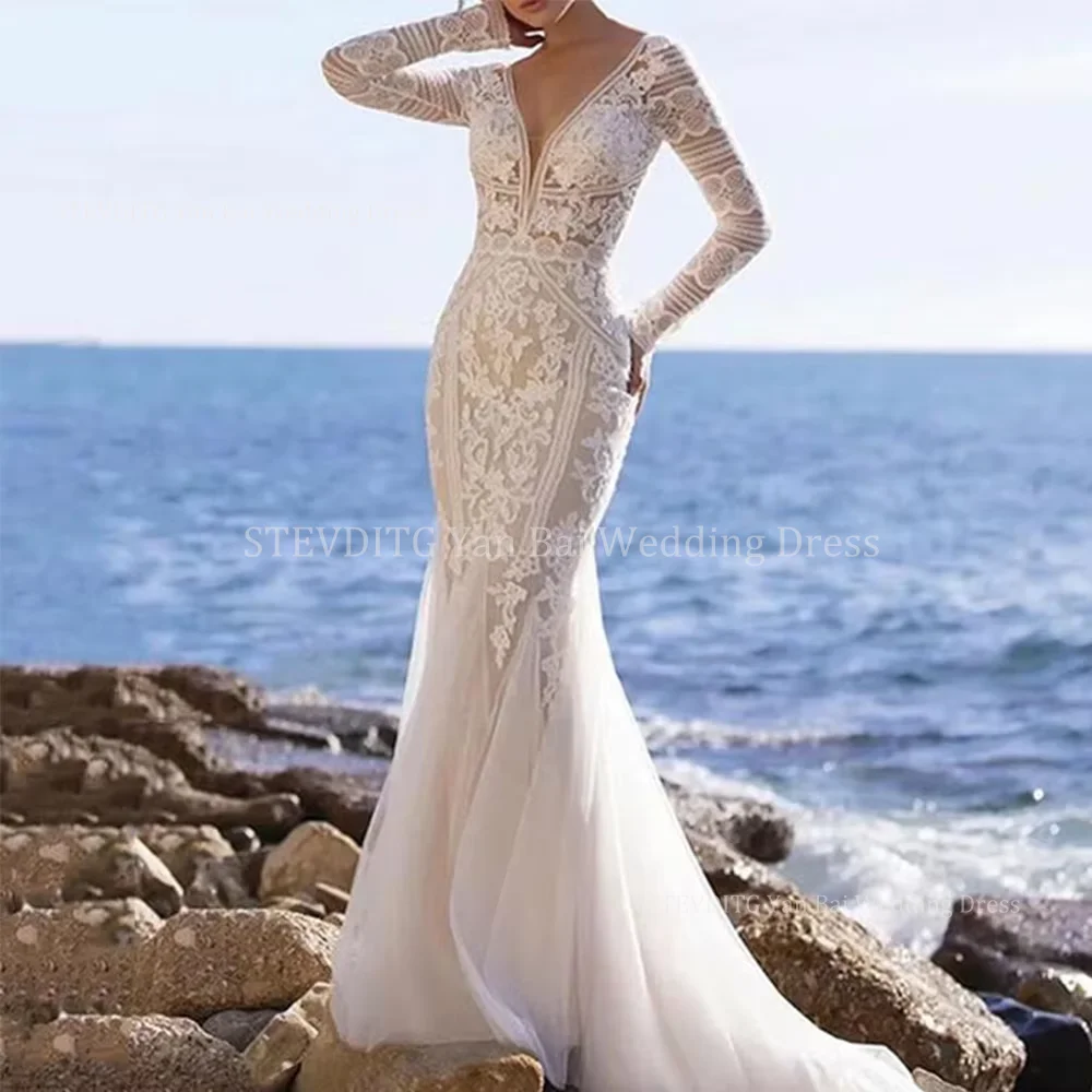 

Slim Mermaid Lace Wedding Dresses For Women Fashion V-Neck Elegant Full Sleeves Floor-Length Beach Wedding Bride Tailored Gown