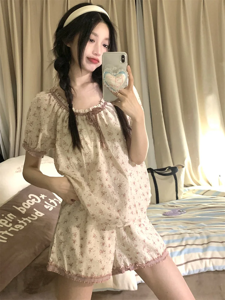 

Lace New Print Cute Sweet Korean Style 100%Cotton Summer Short Sleeve Pajama Set Women Loose Girlish Fashionable Sleep Tops Ins