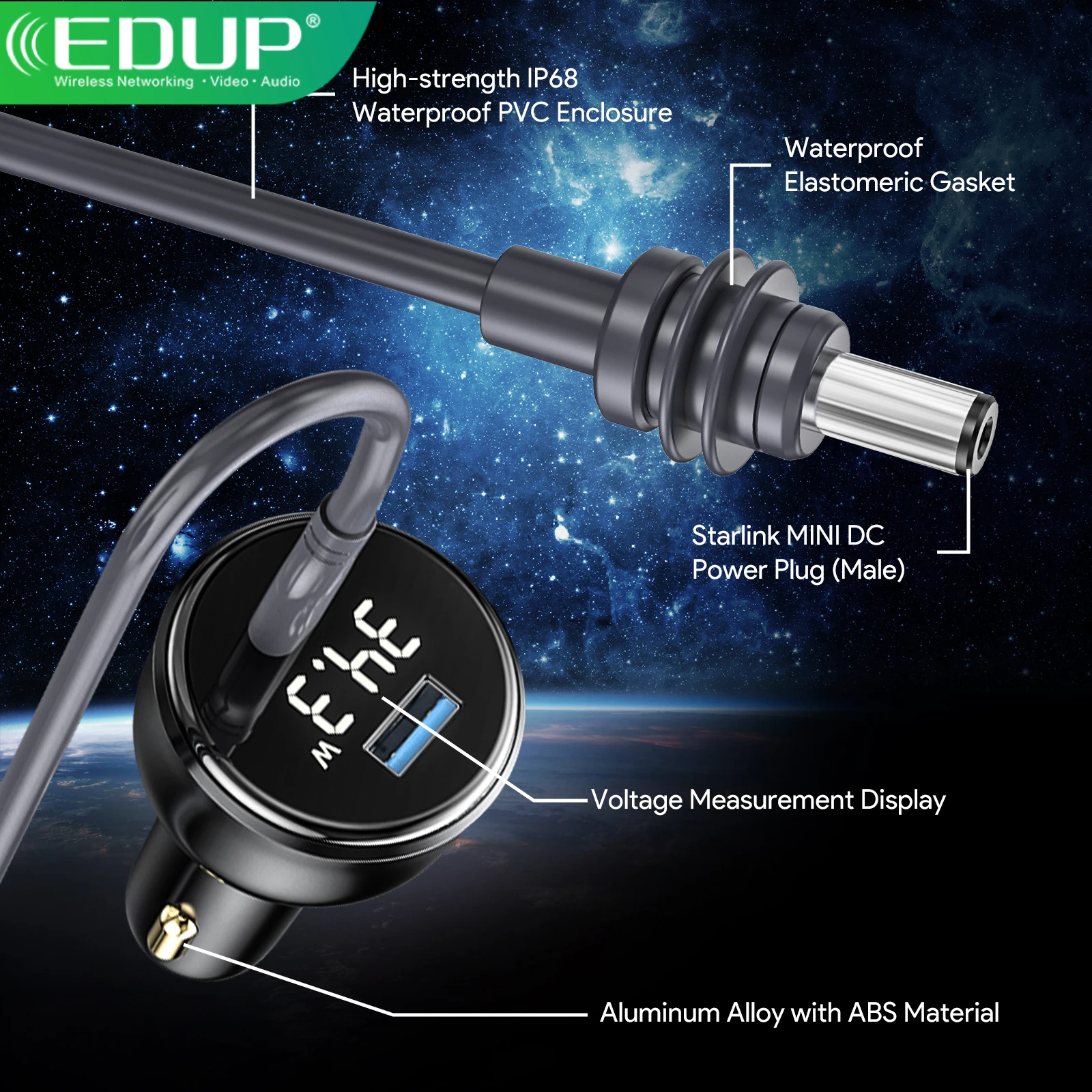

EDUP SK0102-2M Starlink Mini 100W 2-в-1 автомобильный адаптер Type-C на DC кабель с LED-дисплеем, защита от перегрузки, кабель для прикуривателя
