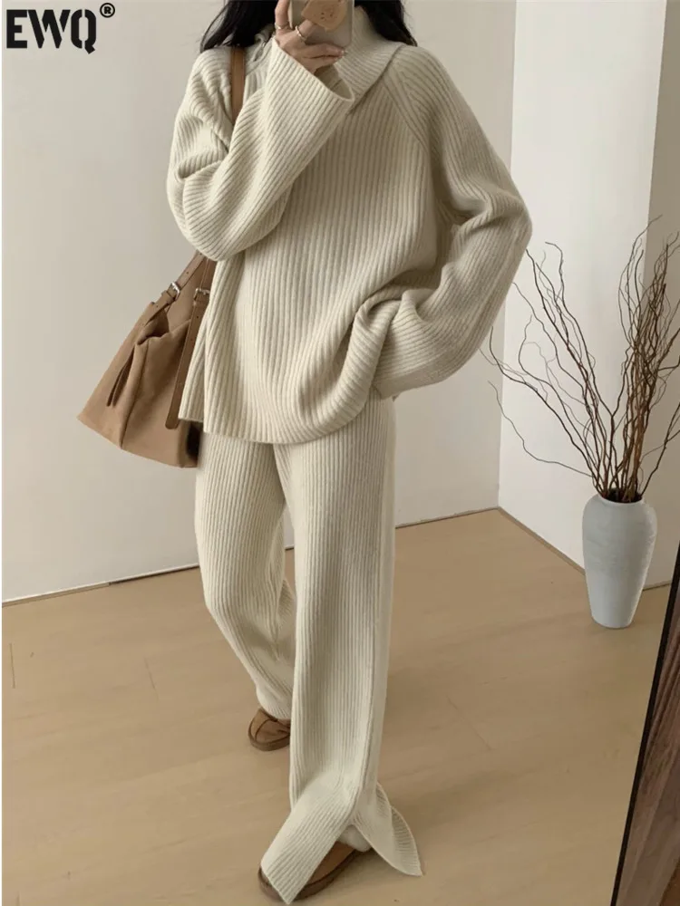 [EWQ] Casual Female Trousers Set Clothing Turtleneck Sweater And High Waist Straight Pants Knit 2 Piece Set 2024 Winter 16O3398