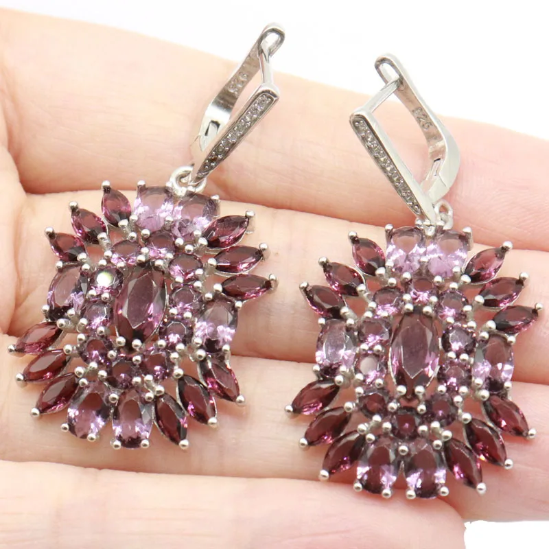 

49x25mm 10.9g Real 925 Solid Sterling Silver Earrings Luxury Purple Amethyst Pink Tourmaline Violet Tanzanite Women Wedding