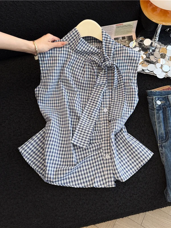 

Elegant Plaid Slim Fit Sleeveless Shirt for Women Knot Belt Summer New Style French Style Polyester Fiber