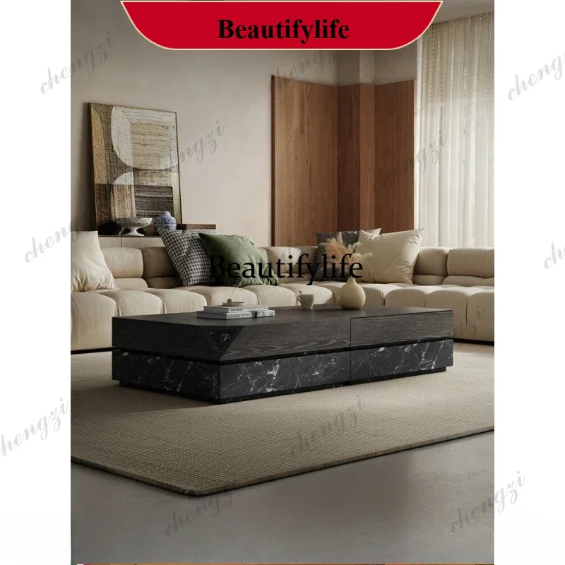 Italian-style minimalist coffee table, light luxury, and high-end feel, living room solid wood spliced creative square tea table