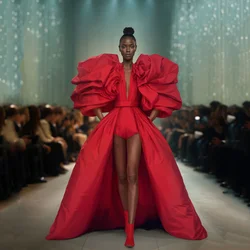 New Couture Red Party Dresses Asymmetrical Women Prom Gowns Jumpsuit vestido longo Sexy Long Prom Gown Draped Sleeves Overskirt