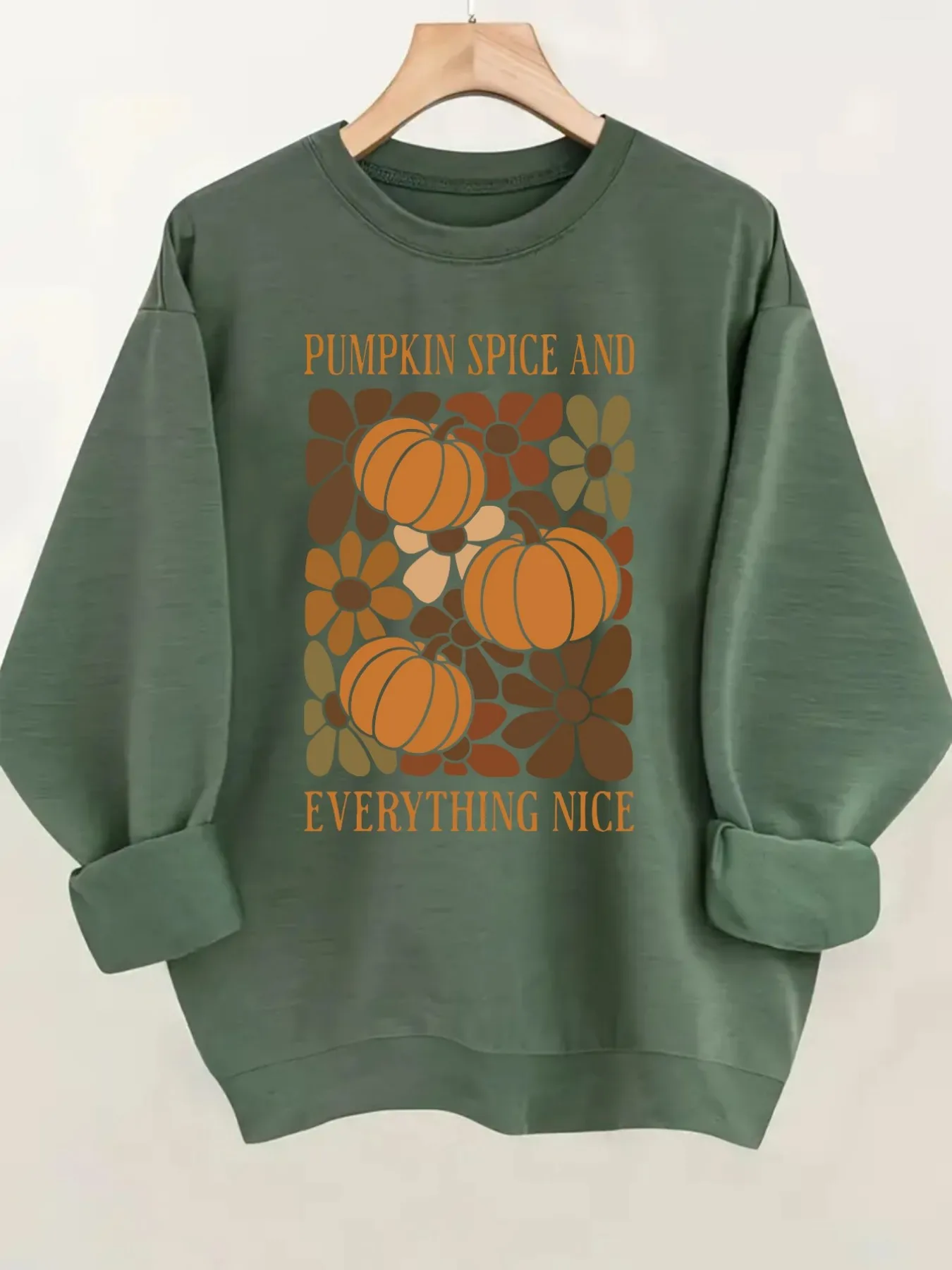 Women's Crew Neck Pullover Sweatshirt Pumpkin Spice Floral Design, Soft Casual Long Sleeve, Daily Casual Top Outfit, Winter Women's Clothing, Thanksgiving Outfit