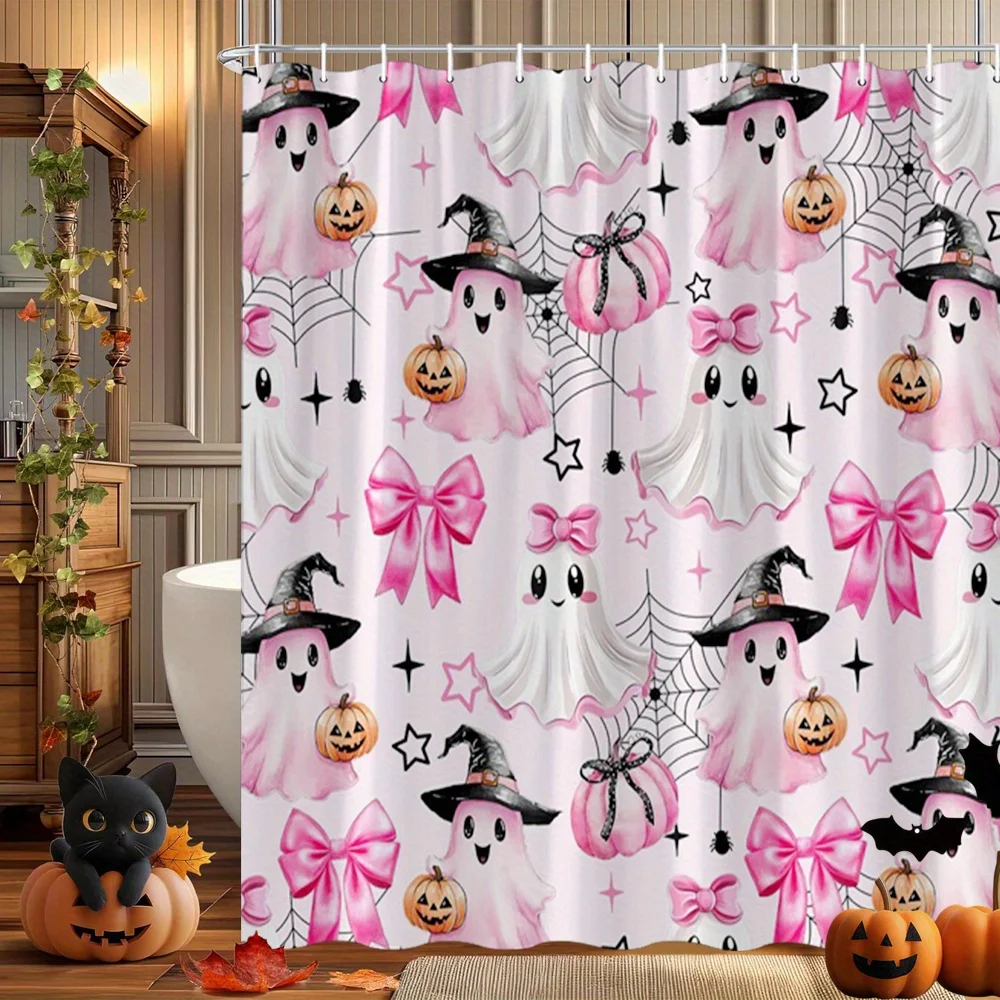 2D Flat, 2D Flat, 1pc 2D Flat Printing Shower Curtain with Hooks - Ultra-Long Halloween Shower Curtain - Cute Pink Ghosts, Pumpk
