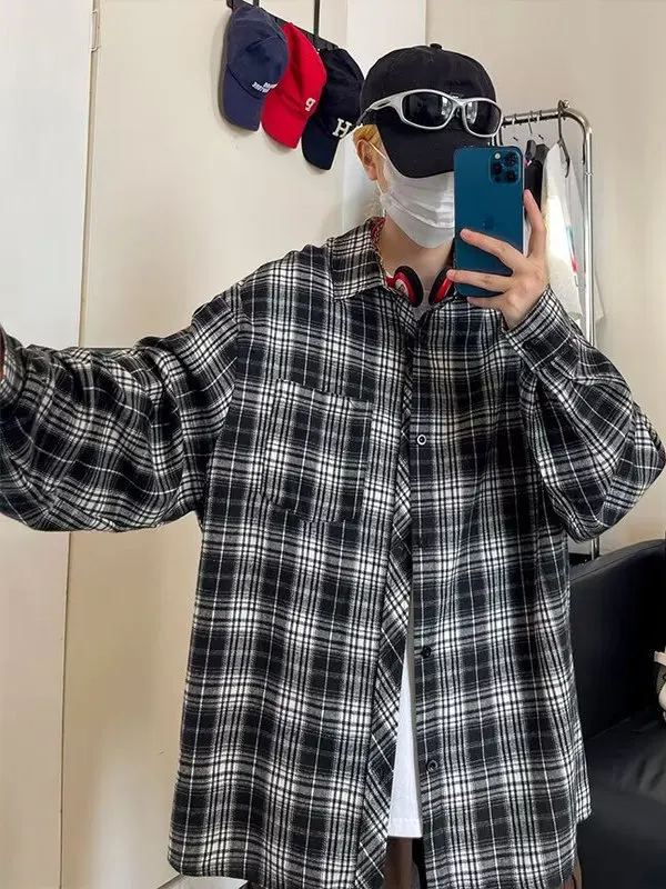 

Мужская длинная рубашка в клетку для весны и осени, винтажная, тонкая, для ношения под одеждой, повседневная, из полиэстера, для мальчиков, модная верхняя одежда