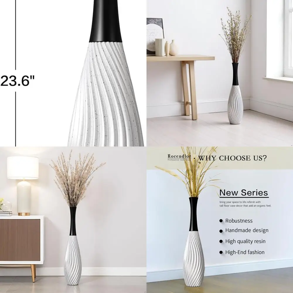 

Modern Black-Necked Teardrop Vase with Textured Lines, 23.6 Tall Resin Floor Vase for Home or Office Decor