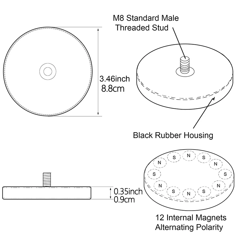 3.46inch 88mm Round Rubber Coated Magnet with M8 Male Thread Stud, Anti-Scratch Strong Neodymium for Home Hanging and Outdoor