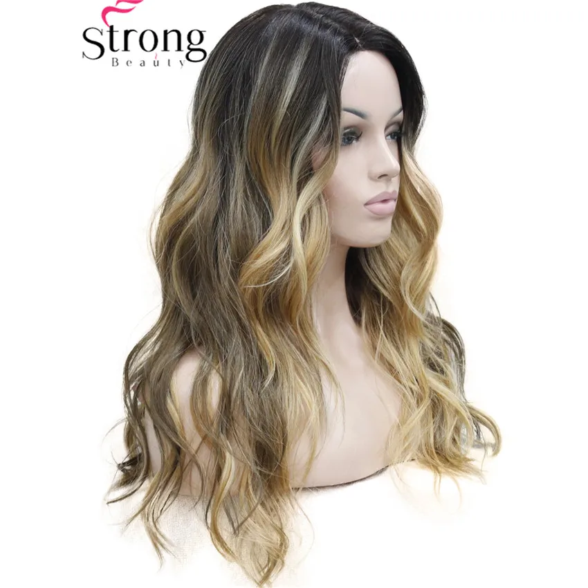 

Длинный парик шнурка для женщин Темно-коричневый с золотисто-русым трехцветным омбре Волнистый синтетический маленький длинный парик фронта шнурка ВЫБОР ЦВЕТА