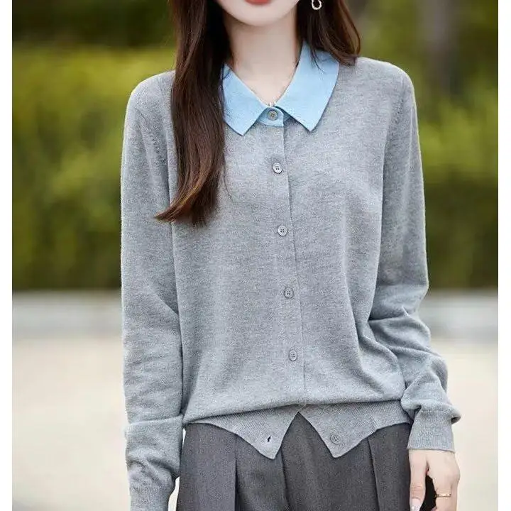 American Sle Casual V-Ne Knitted Sweater Women's  Color Open Cardigan Winter Faion Loose Fit Long Sve Top