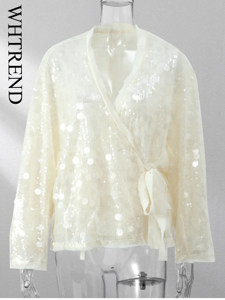 

WHTREND женские куртки с пайетками, пальто с v-образным вырезом и повязкой, модные универсальные пальто с длинными рукавами, осенний топ, новинка WH1558