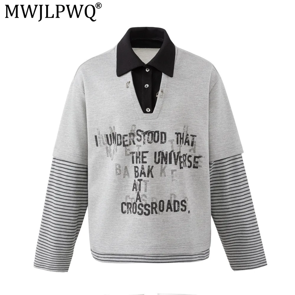 MWJLPWQ Faux Two-Piece Striped Patchwork Long-Sleeve Polo T-Shirt American Loose-Fit Men's Letter Print Loose Casual Tops 21545