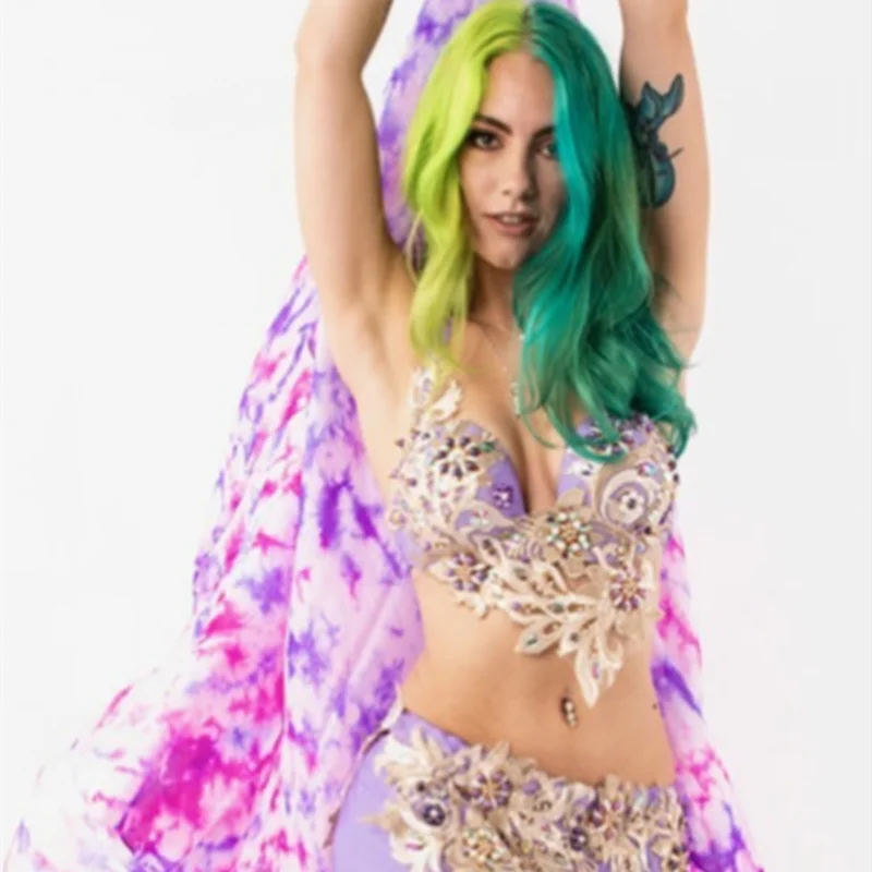 Véu de seda personalizado para dança do ventre, lenço de mão, xale, tintura floral, dançarina, adereços de show de palco, flowy, leve, 400cm