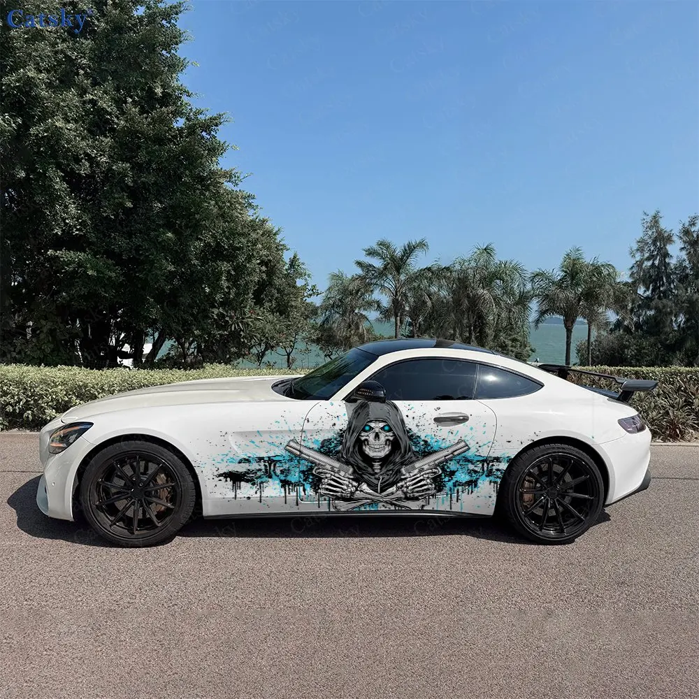 2pcs Splash Cyan Drip Hooded Skull Car Side Wraps, Self-Adhesive PVC Waterproof & Scratch-Resistant Stickers, Car Accessory Gift