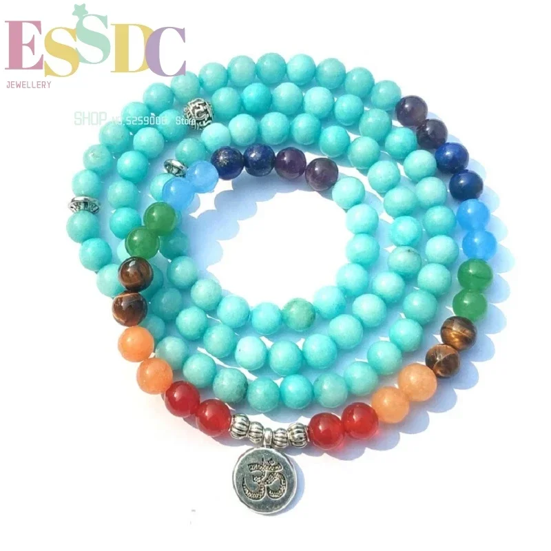 New Design OM Charm Energy Seven Beads Chakra Yoga 108 Mala 8mm Natural Amazonite Stone Healing Bracelet or Necklace Wholesale