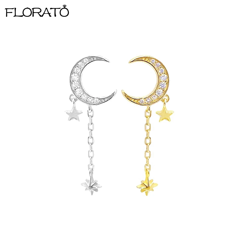 

925 Sterling Silver Needle Trendy Star Shaped Dangle Earrings for Women Temperament Moon Zircon Stud Earring Girl Party Jewelry