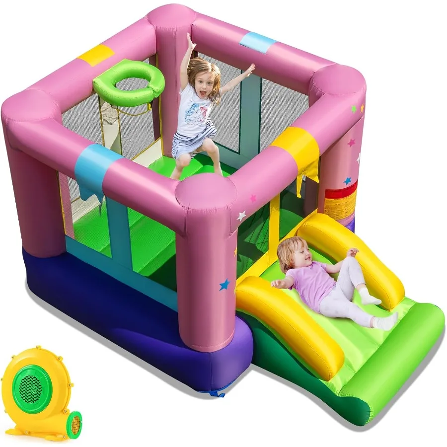 

Inflatable Bounce House with 480W Blower and Slide Gift Box Themed Castle Slide Bouncer for Outdoor and Indoor Party Blow Up To