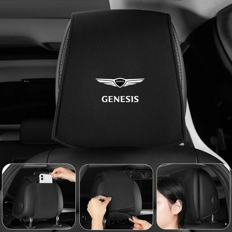 Car Seat Headrest Cover Leather Seat Protector Storage Bag For Hyundai Genesis Coupe Logo G70 G80 G90 GV60 GV70 GV80 EV BH