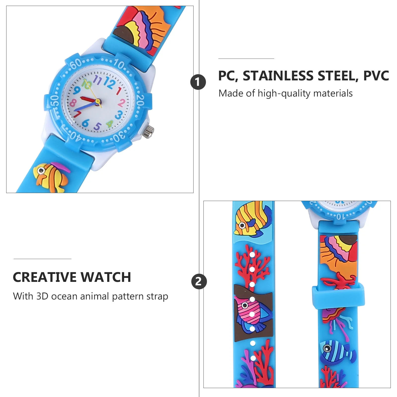 ساعة يد زرقاء ثلاثية الأبعاد بنمط حيوانات المحيط بتصميم خفيف الوزن لتعلم هدية المعصم الرائعة