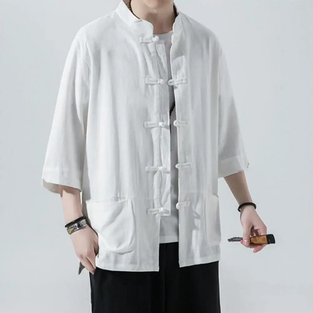 Осенняя мужская рубашка в китайском стиле с воротником-стойкой и длинным рукавом с карманами, мужская рубашка, традиционные топы с кунг-фу и дисковыми пуговицами Тан для вечеринки